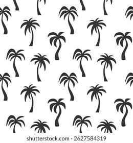 Black palm tree silhouettes seamless pattern. Minimalist simple doodle drawn tropical palms background. Perfect for summer travel design, exotic beach themes, vacation prints, packaging, textile