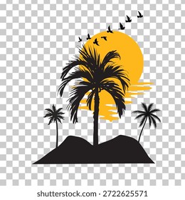 Siluetas negras de la palmera fijan la Ilustración vectorial para los carteles, los Anuncios, y los proyectos del diseño en fondo transparente. También pájaros volando en el cielo. 