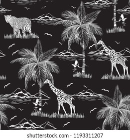 black Palm Trees And Flamingo Pattern