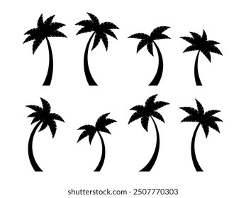 Black palm trees icon set isolated on white background. Collection of tropical palm trees silhouettes for poster, banner and promotional products. Summer time. Vector illustration