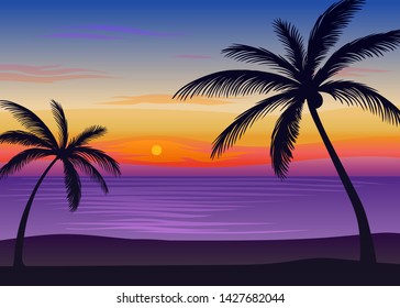 Black palm trees on the background of the sea. Vector illustration on white background.