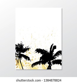Black palm trees on white background. Exotic leaves.Summer placard poster flyer invitation card. Wedding event invitation card template. 