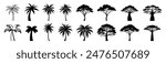 Black palm trees set isolated on transparent background. Coconut palm tree icon, simple style. Tropial and African tree