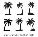 Black Palm Trees Set Isolated On White Background. Palm Silhouettes. Design Of Palm Trees For Posters, Banners, And Promotional Items. Vector Illustration.