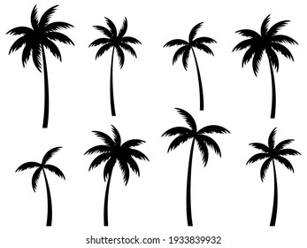 Black palm trees set isolated on white background. Palm silhouettes. Design of palm trees for posters, banners and promotional items. Vector illustration - Shutterstock ID 1933839932