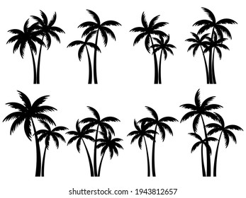 Black palm trees set isolated on white background. Palm silhouettes. Design of palm trees for posters, banners and promotional items. Vector illustration