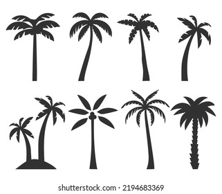 Black palm trees set isolated on white background. Palm silhouettes. Design of palm trees for posters, banners and promotional items. Vector illustration