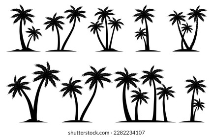 Los Árboles De Palma Negros Están Aislados En Fondo Blanco. Silhouettes de palma. Diseño De Palmeras Para Carteles, Carteles Y Artículos Promocionales. Ilustración vectorial.  Icono de la palma en fondo blanco