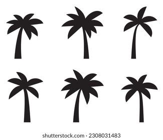 Black palm trees set isolated on white background. Palm silhouettes. Design of palm trees for posters, banners and promotional items. Vector illustration