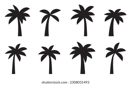 Black palm trees set isolated on white background. Palm silhouettes. Design of palm trees for posters, banners and promotional items. Vector illustration