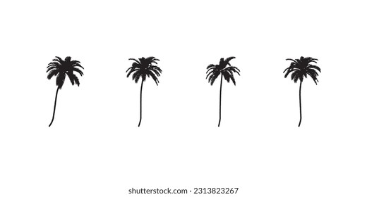 Black palm trees set isolated on white background. Palm silhouettes. Design of palm trees for posters, banners and promotional items. Vector illustration.
