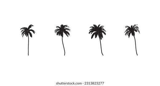 Black palm trees set isolated on white background. Palm silhouettes. Design of palm trees for posters, banners and promotional items. Vector illustration.