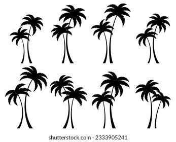 Black palm trees set isolated on white background. Silhouettes of palm trees with curved trunks. Design of palm trees for posters, banners and promotional items. Vector illustration