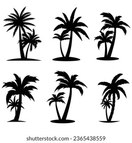 Black Palm Trees Set Isolated On White Background. Palm Silhouettes. Design Of Palm Trees For Posters, Banners, And Promotional Items. Vector Illustration. Palm Icon On White Background 