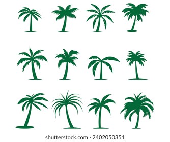Black palm trees are set isolated on a white background. Palm silhouettes. Design of palm trees for posters, banners, and promotional items. Vector illustration