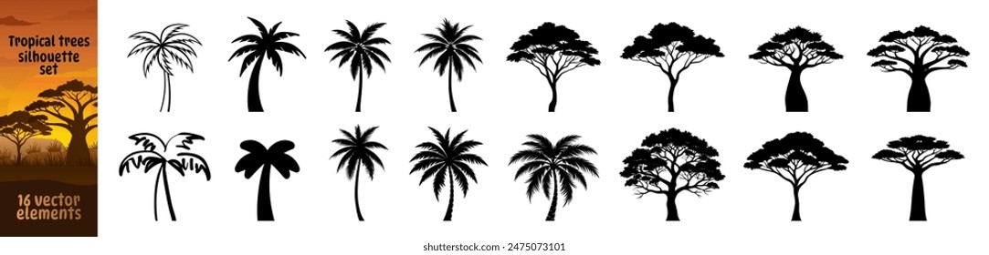 Black palm trees set isolated on transparent background. Coconut palm tree icon, simple style. Tropial and African tree