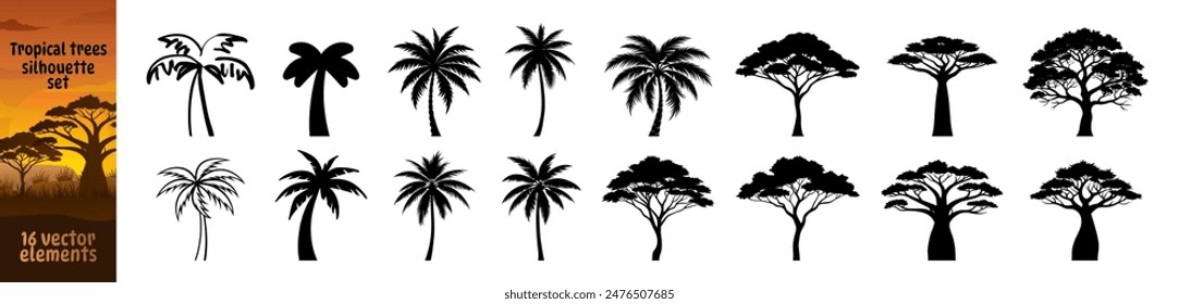 Palmeras negras sobre fondo transparente. Icono de la palmera de coco, estilo simple. Árbol tropical y africano