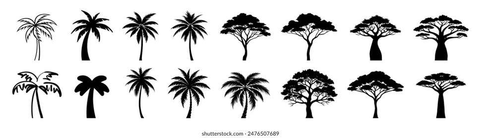 Black palm trees set isolated on transparent background. Coconut palm tree icon, simple style. Tropial and African tree