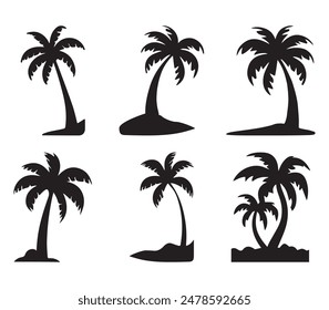 Black Palm Trees Set Isolated On White Background. Palm Silhouettes. Design Of Palm Trees For Posters, Banners, And Promotional Items. Vector Illustration.