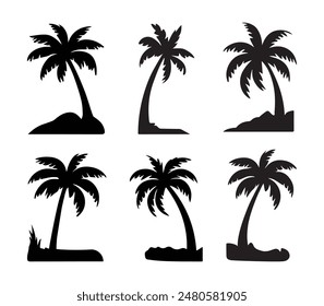 Black Palm Trees Set Isolated On White Background. Palm Silhouettes. Design Of Palm Trees For Posters, Banners, And Promotional Items. Vector Illustration.