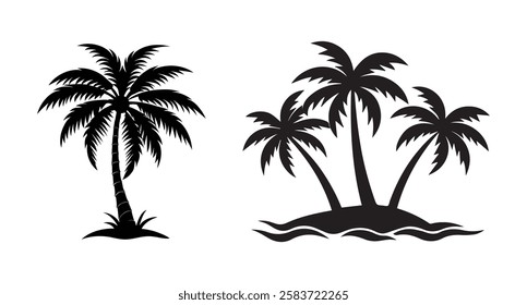 Black Palm Trees Set Isolated On White Background. Palm Silhouettes. Design Of Palm Trees For Posters, Banners, And Promotional Items. Vector Illustration.