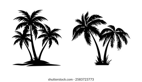 Black palm trees set isolated on white background. Palm silhouettes. Design of palm trees for posters, banners and promotional items. Vector illustration