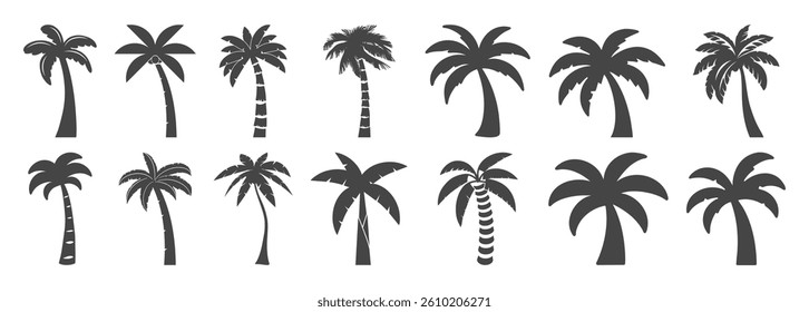 Black palm trees set isolated on transparent  background. Palm tree summer logo, coconut tree icon. Palm tree silhouette icon.