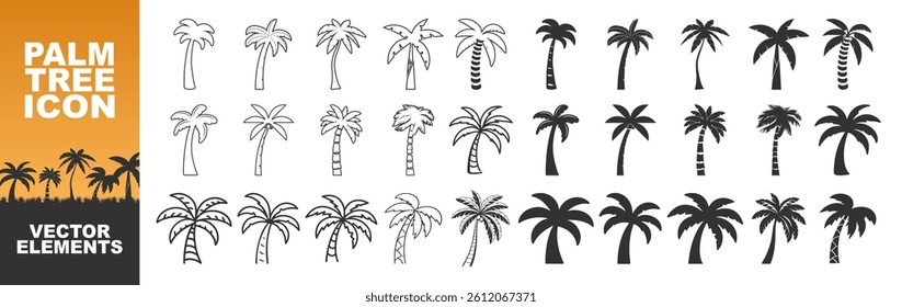 Black palm trees set isolated on transparent  background. Palm tree summer logo, coconut tree icon. Palm tree silhouette icon.