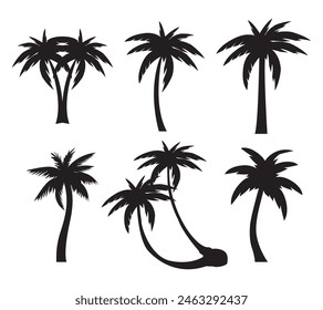 Black palm trees silhouettes set isolated on white background. Tropical palm trees set, Palm silhouettes. Design of palm trees for posters, banners and promotional items. Vector illustration,