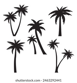 Black palm trees silhouettes set isolated on white background. Tropical palm trees set, Palm silhouettes. Design of palm trees for posters, banners and promotional items. Vector illustration,