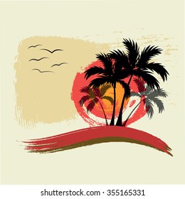  Black Palm trees. Sun and gulls.  - Illustration