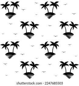 Black palm trees and sun isolated on a white background. Seamless design of palm trees for posters, banners and advertising materials. 