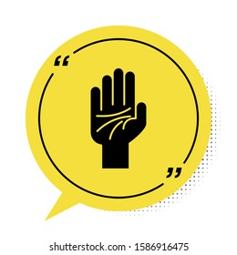 Black Palmistry of the hand icon isolated on white background. Yellow speech bubble symbol. Vector Illustration