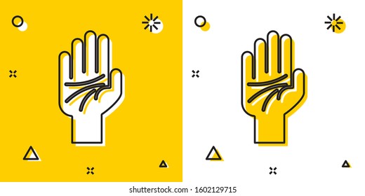 Black Palmistry of the hand icon isolated on yellow and white background. Random dynamic shapes. Vector Illustration