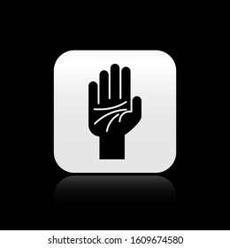 Black Palmistry of the hand icon isolated on black background. Silver square button. Vector Illustration