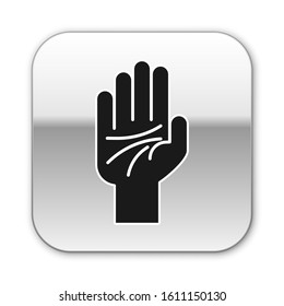 Black Palmistry of the hand icon isolated on white background. Silver square button. Vector Illustration