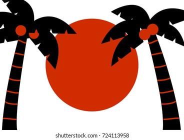 Black palms with coconuts and red sun, tropical background, vector illustration