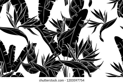 Black palms and flowers pattern. Vector illustration. Botanical seamless wallpaper. Digital nature art. Cartoon style sketch. White background.