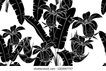 Black palms and flowers pattern. Vector illustration. Botanical seamless wallpaper. Digital nature art. Cartoon style sketch. White background.