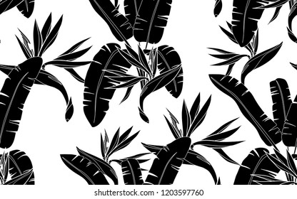 Black palms and flowers pattern. Vector illustration. Botanical seamless wallpaper. Digital nature art. Cartoon style sketch. White background.