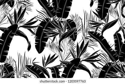 Black palms and flowers pattern. Vector illustration. Botanical seamless wallpaper. Digital nature art. Cartoon style sketch. White background.