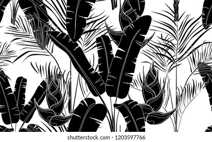 Black palms and flowers pattern. Vector illustration. Botanical seamless wallpaper. Digital nature art. Cartoon style sketch. White background.