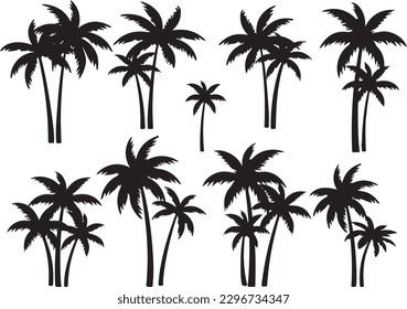 Árbol de palmas negras conjunto de imágenes vectoriales ilustración en hoja de iconos de silueta de fondo blanco