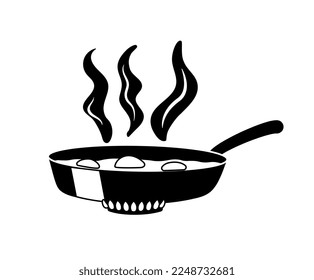 Black pan icon. Sticker for social networks and messengers. Stages of cooking scrambled eggs and frying. Poster or banner for website. Aesthetics and elegance. Cartoon flat vector illustration
