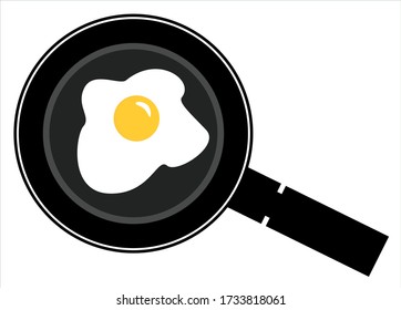 Pan negro aislado en un fondo blanco, huevos fritos en una sartén. Icono de desayuno