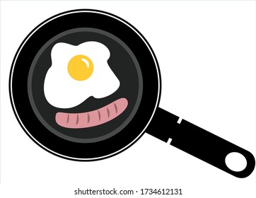 Black pan isolated on a white background, fried eggs with sausage in a pan. Breakfast icon