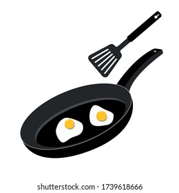 Schwarze Pfanne isoliert auf einem weißen Hintergrund, gebratene Eier in einer Pfanne. Symbol Frühstück.