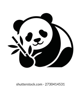 Black panda bear eating bamboo shoots