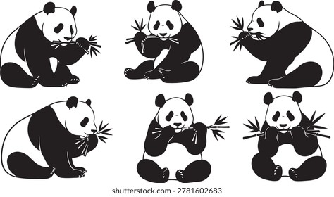 Black panda bear silhouettes, giant panda eating bamboo icon.