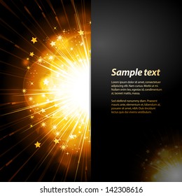 Black Panel with Gold Sample Text over an orange Firework Star Burst Background